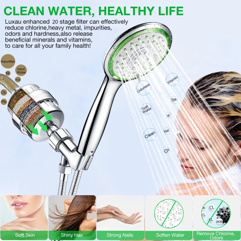 Luxau Filtered Shower Head Combo, Includes 79" Hose, 20 Stage Shower Filter Head, High Pressure Handheld Spray Showerhead, Shower Arm Mount Holder, for Hard Well Water Chlorine, Chrome (S10) - Image 3